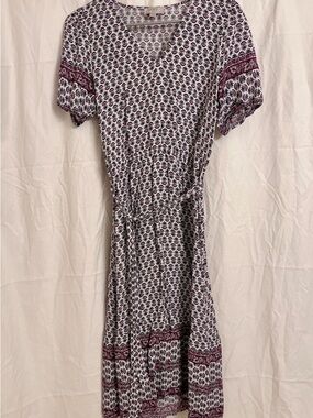 LOFT White Dress with Purple Paisley Print and Tie Waist